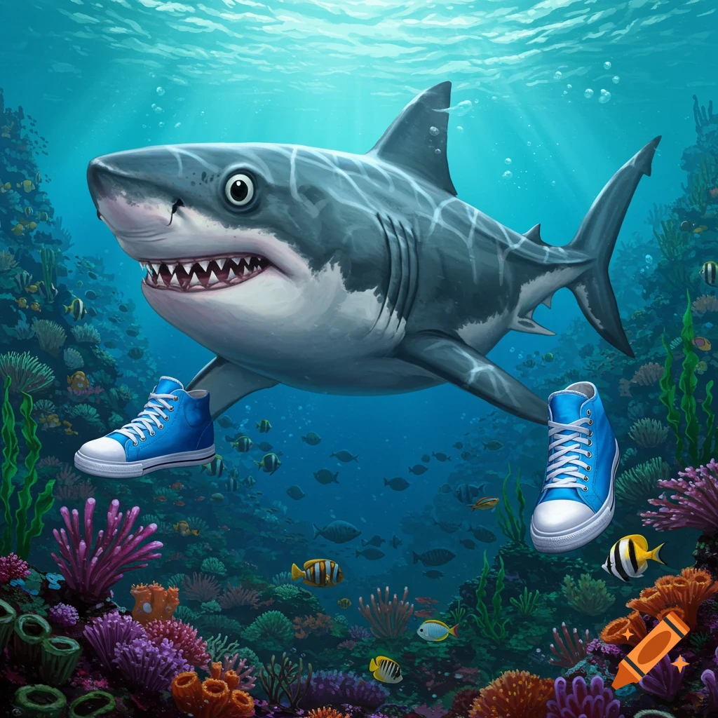 A cartoon great white shark wearing blue high-top sneakers swims in a vibrant coral reef.