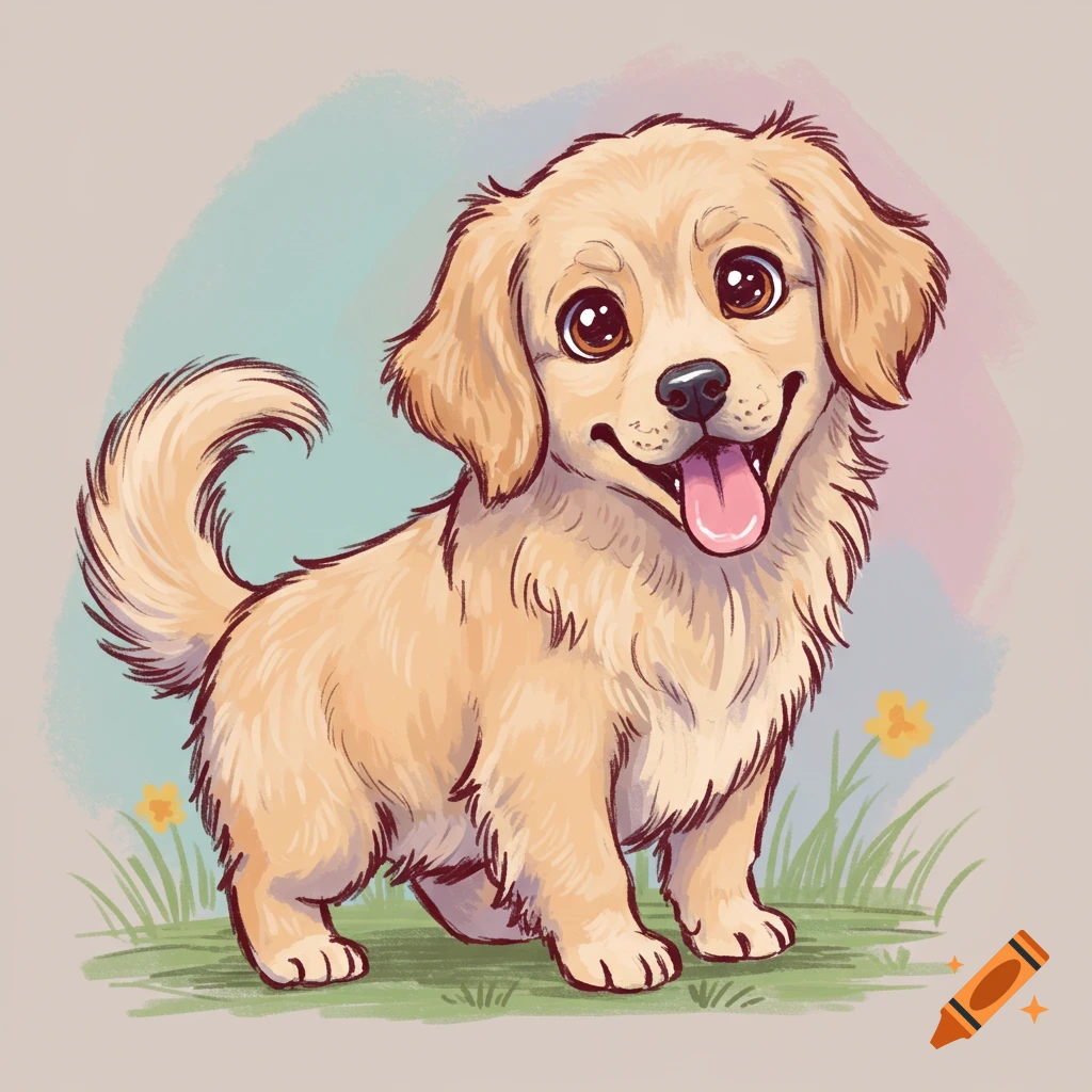 A cute cartoon puppy sitting on grass with a brushstroke background
