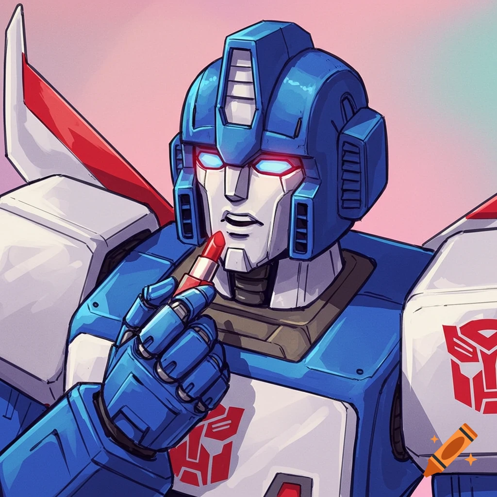 A blue and white robot applies red lipstick.