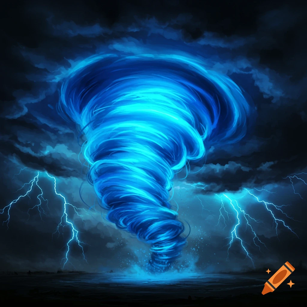 A bright blue tornado during a lightning storm