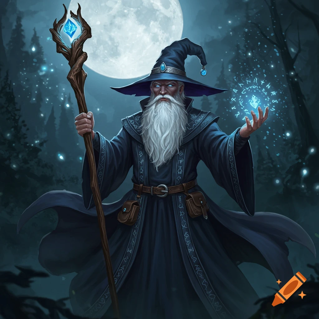 A wizard holding a staff with a glowing crystal and casting a spell in a moonlit forest