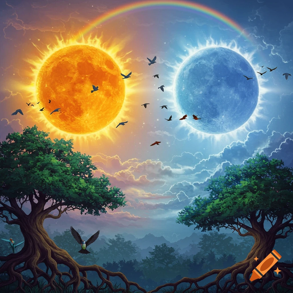 A fantasy landscape with a sun, moon, rainbow, trees, and birds.