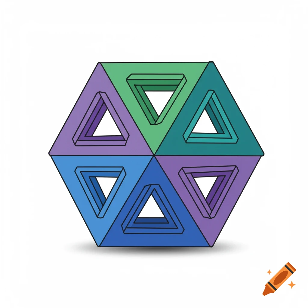 An abstract geometric illustration of six colorful Penrose triangles forming a hexagon.