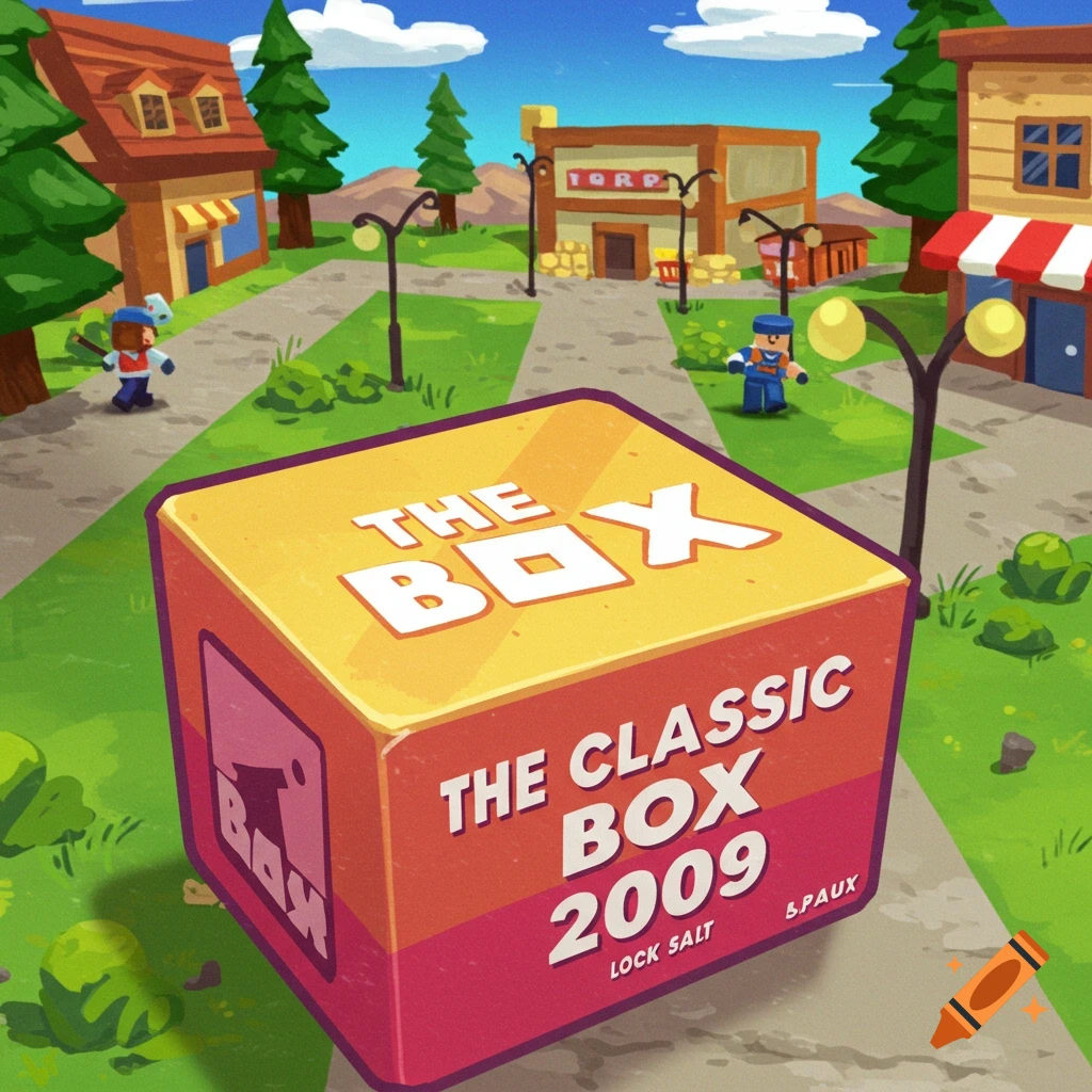 Stylized digital art of a large box labeled 'THE CLASSIC BOX 2009' in the foreground of a cartoonish town square with blocky characters.