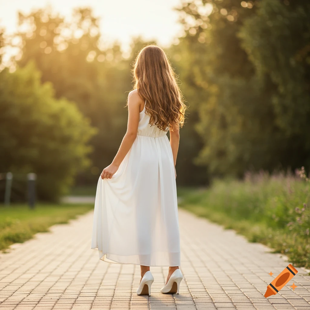 A girl in a white maxi dress and white heels stands on a paved path looking away at sunset.