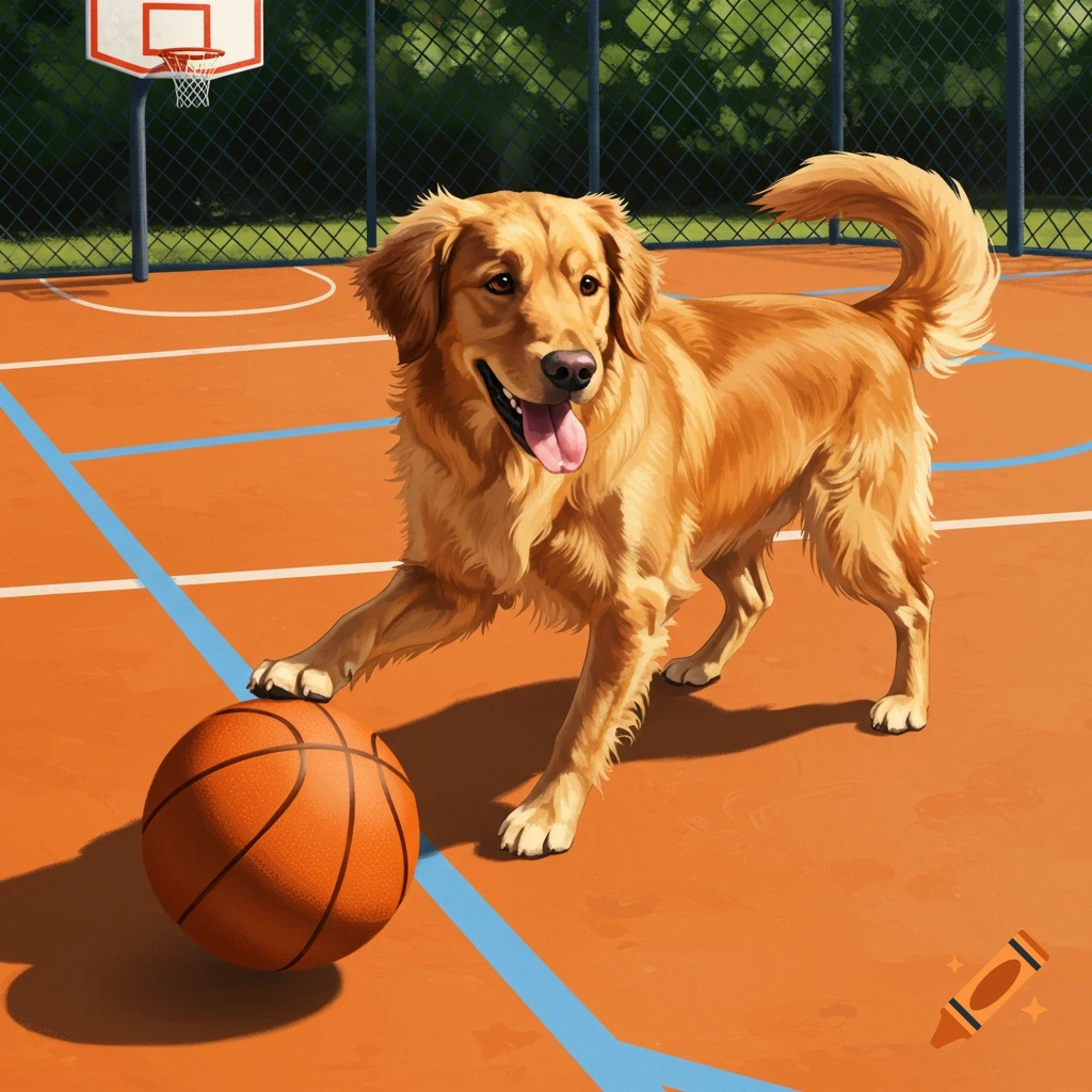 A golden retriever playing with a basketball on an outdoor court.