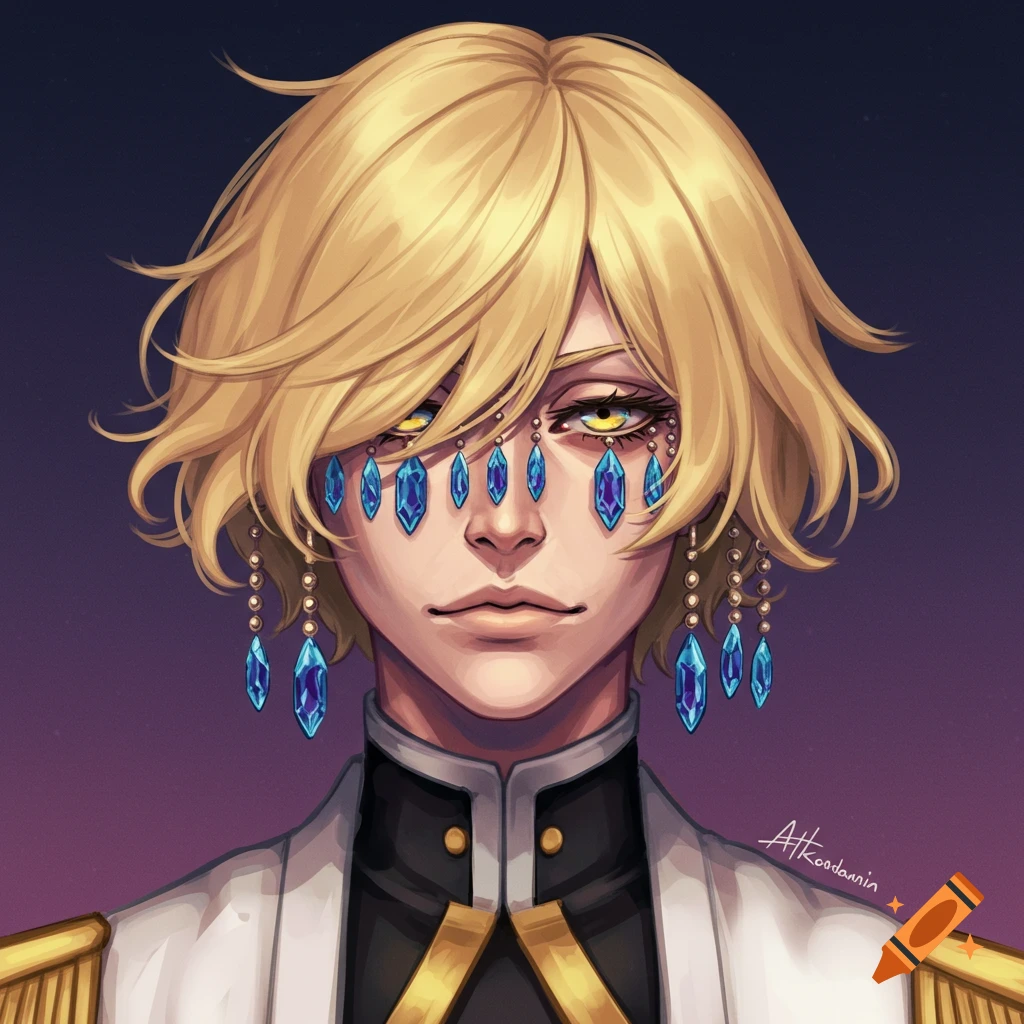 Stylized portrait of a blonde-haired character with blue jewels hanging from their face, wearing a white uniform.