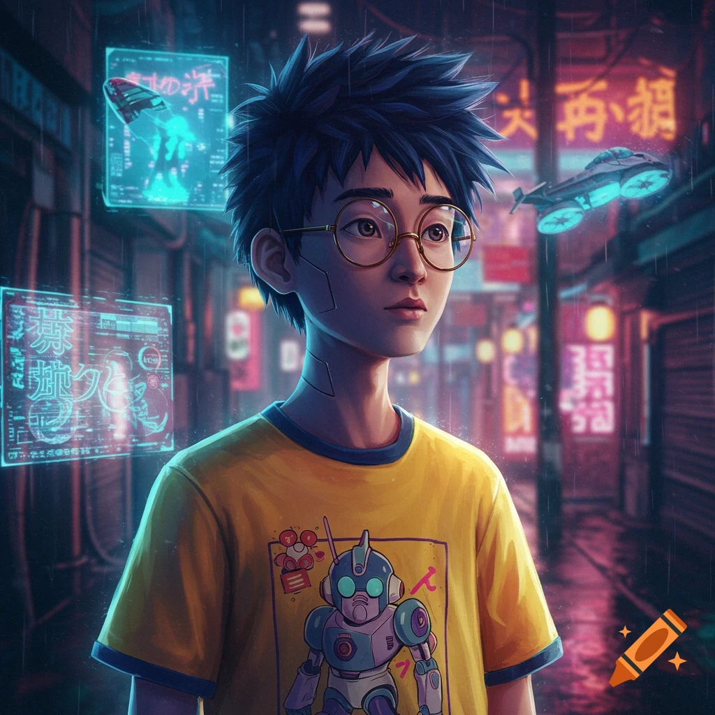 Anime illustration of a young person with glasses in a rainy cyberpunk city with flying vehicles.