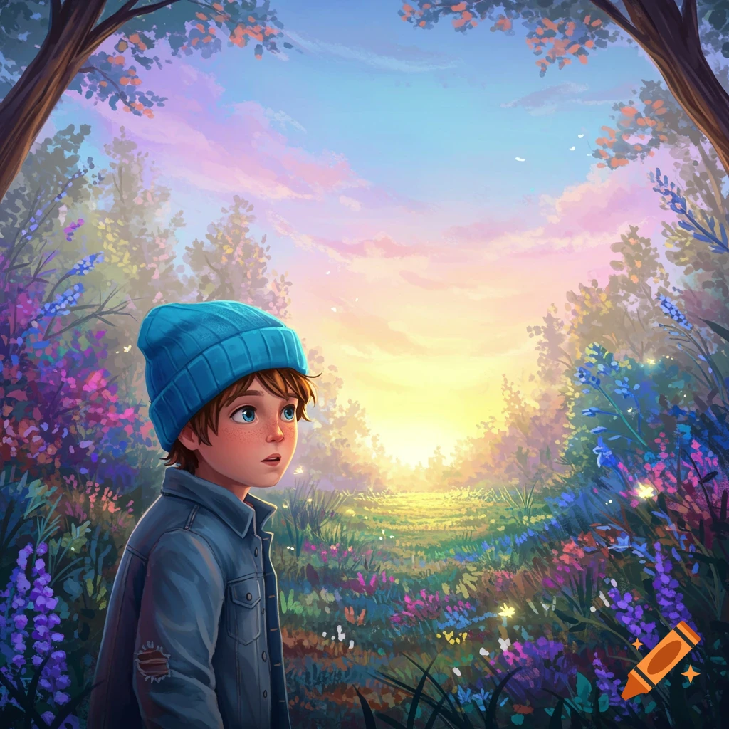 An illustration of a young boy in a blue beanie looking at a vibrant, magical forest scene during sunset.