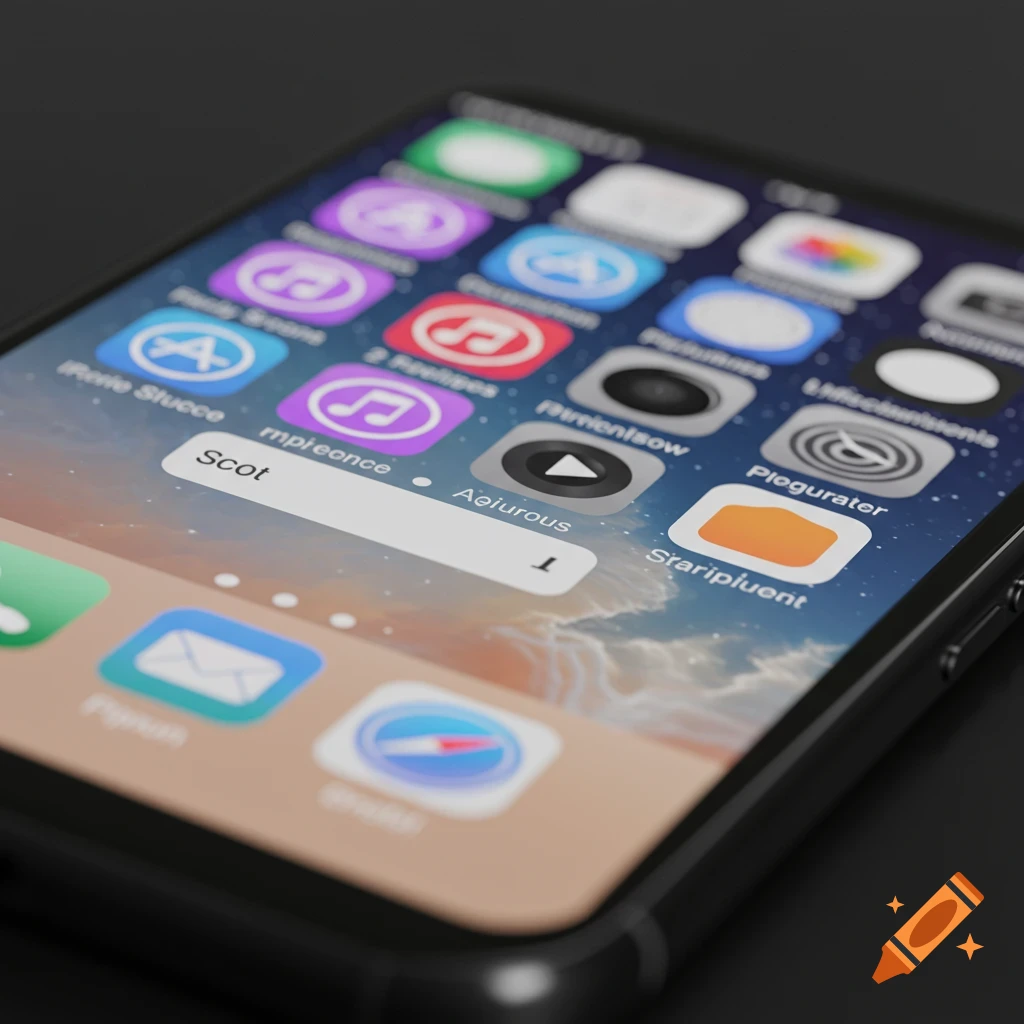 Close-up, angled view of an iPhone screen displaying app icons and illegible text in a search bar. Photorealistic style.