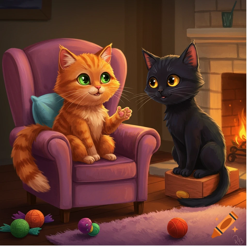 Image of two cute cats, orange and black, sitting by a fireplace with toys.