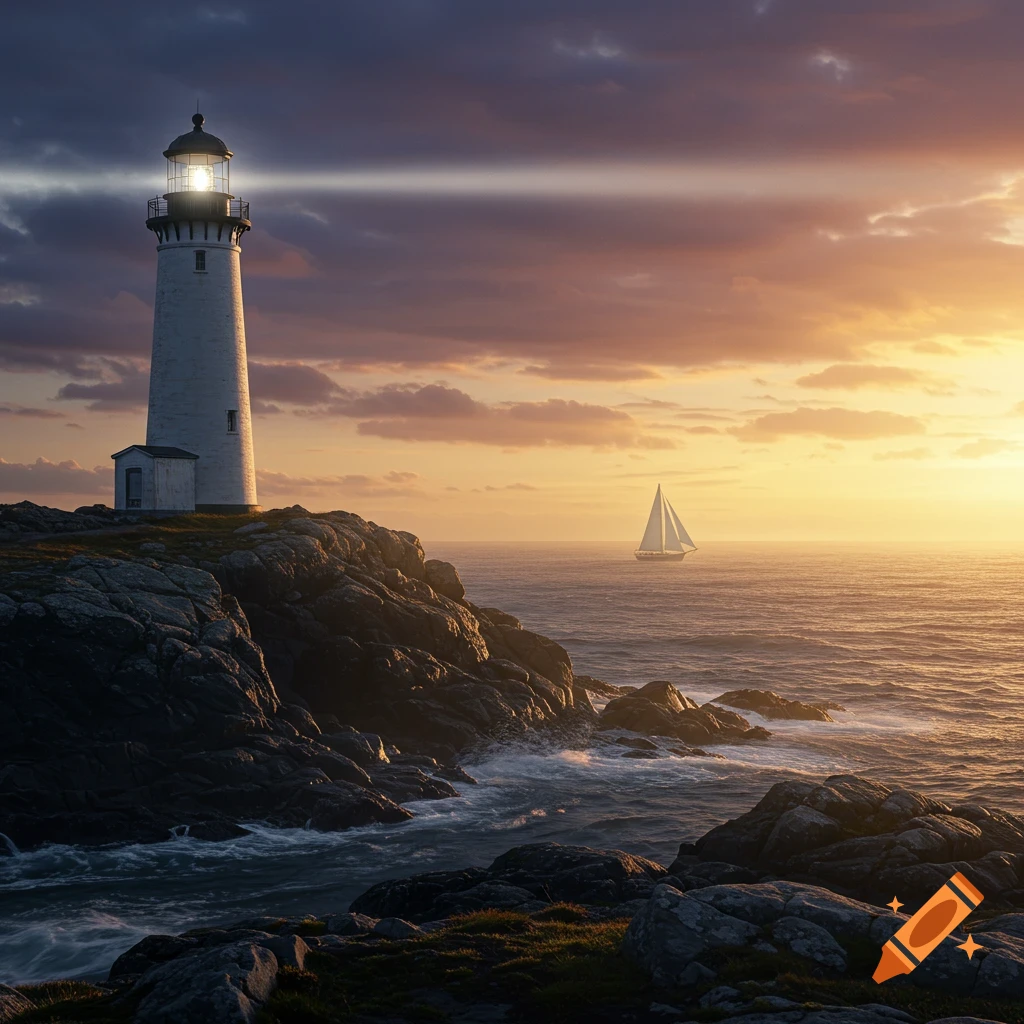 Lighthouse on a rocky coast shining a beam, with a sailboat on the ocean at sunset.