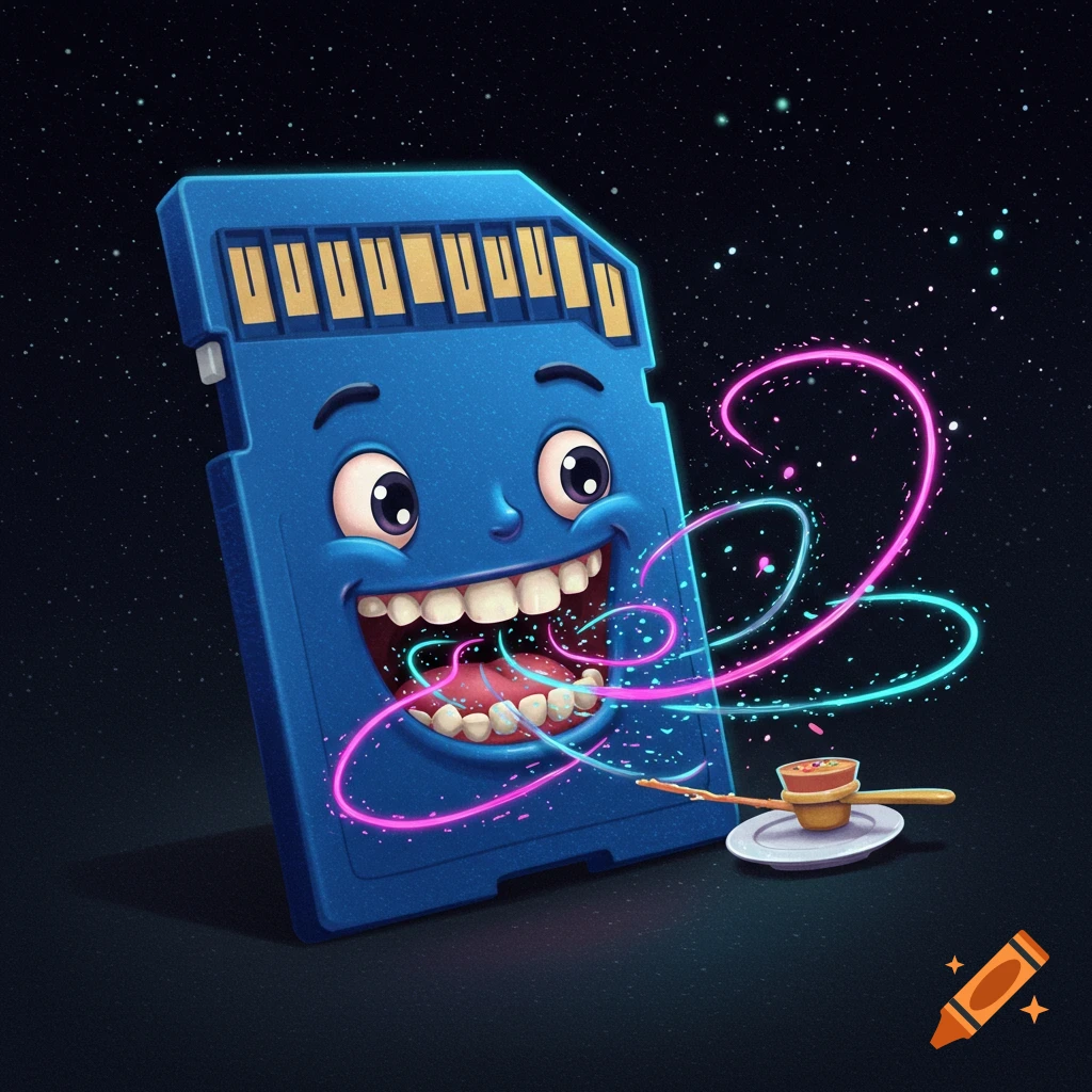 A cartoon blue SD card with a face, eating glowing pink and blue data streams, with a small dish beside it, against a dark starry background.