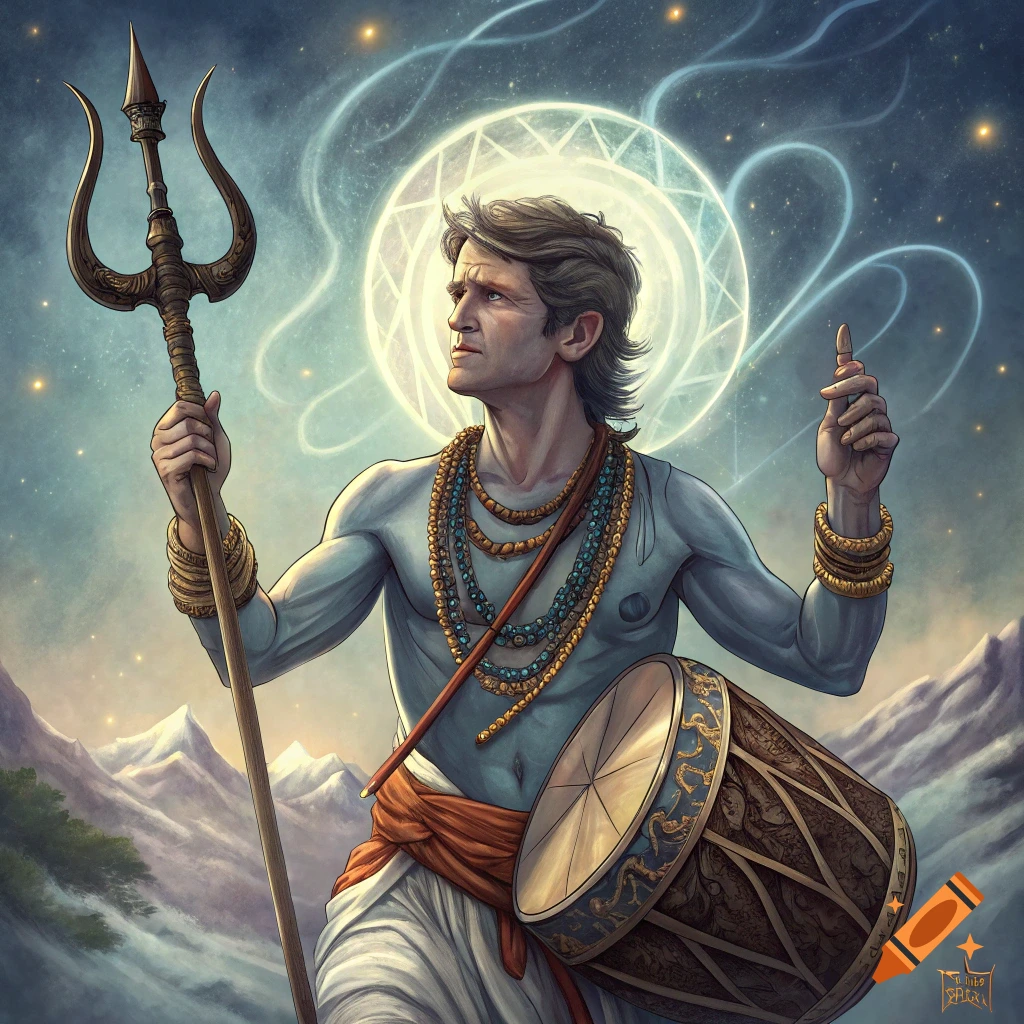 Realistic portrait of a man resembling RFK depicted as Shiva holding a trident in a mountain landscape.