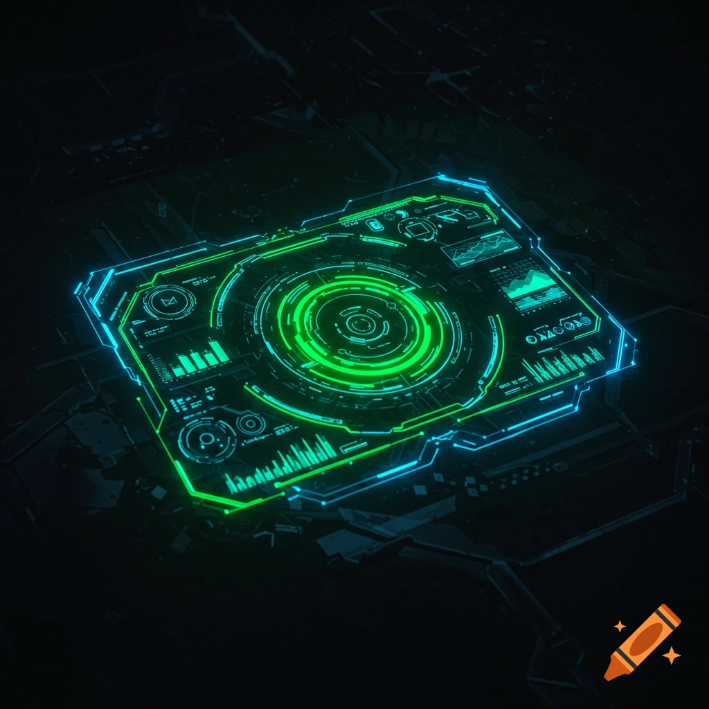 A futuristic glowing green and blue holographic HUD interface on a dark background.