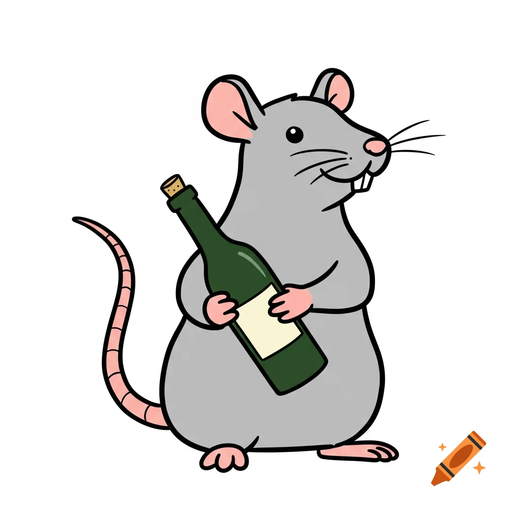 A cartoon grey rat holds a green bottle.
