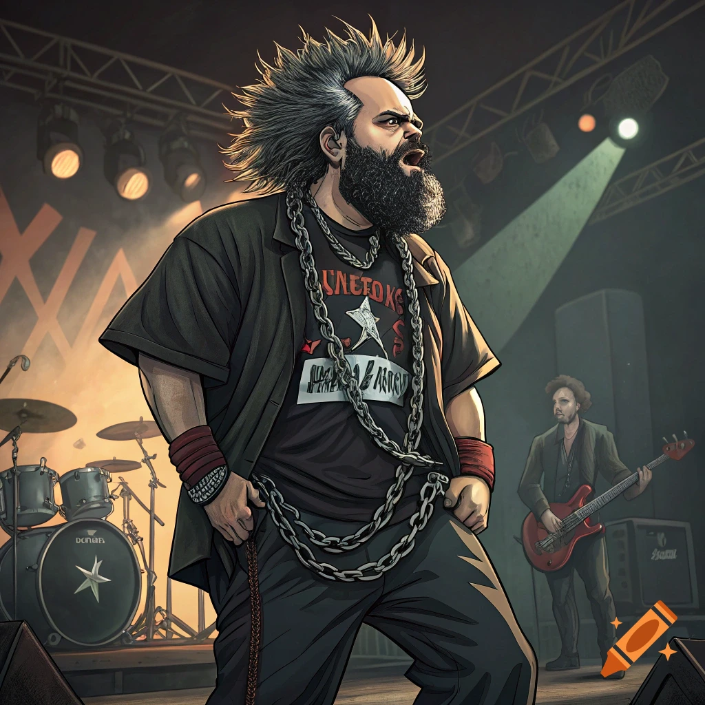 Caricature of Karl Marx as a nu metal fan on a stage with a drummer and guitarist.