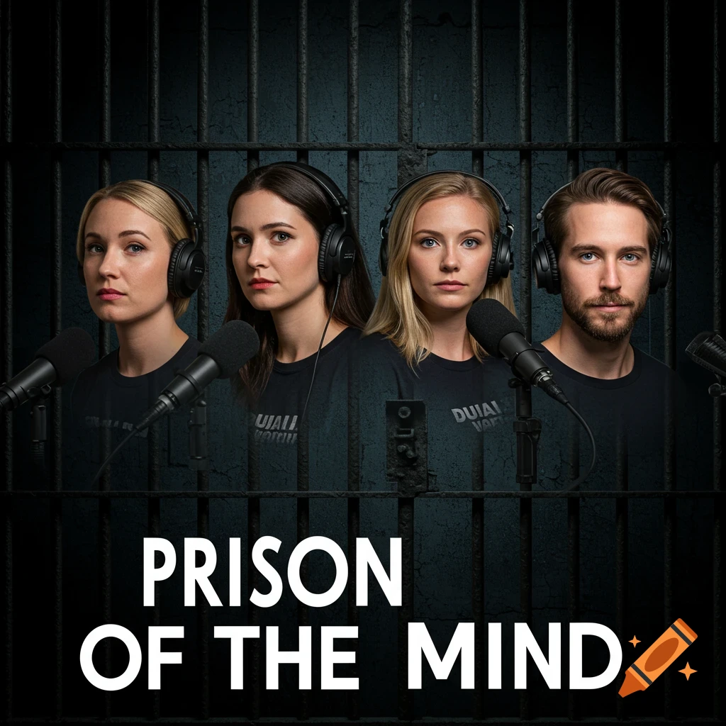 Four people (3 women, 1 man) with headphones and microphones in front of jail bars, with the title "PRISON OF THE MIND".