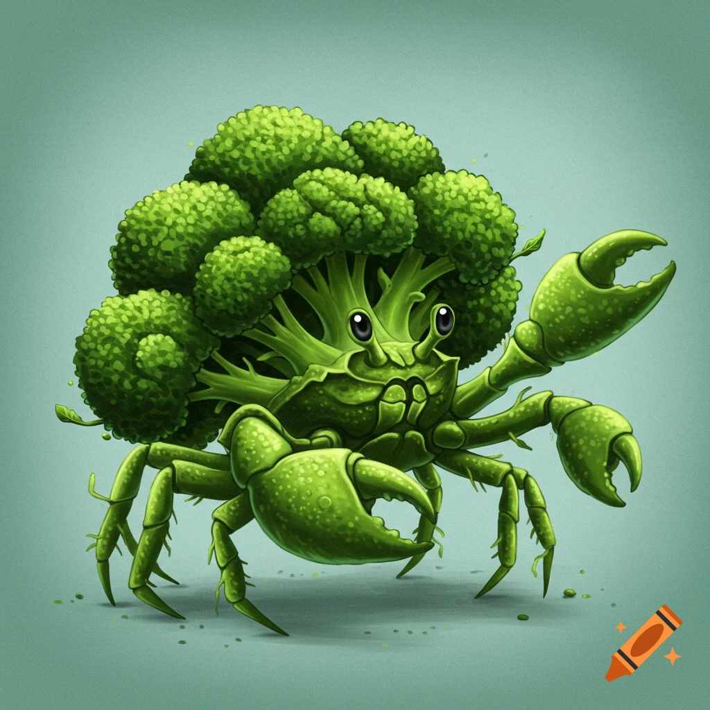 A green creature that is a combination of a crab and broccoli