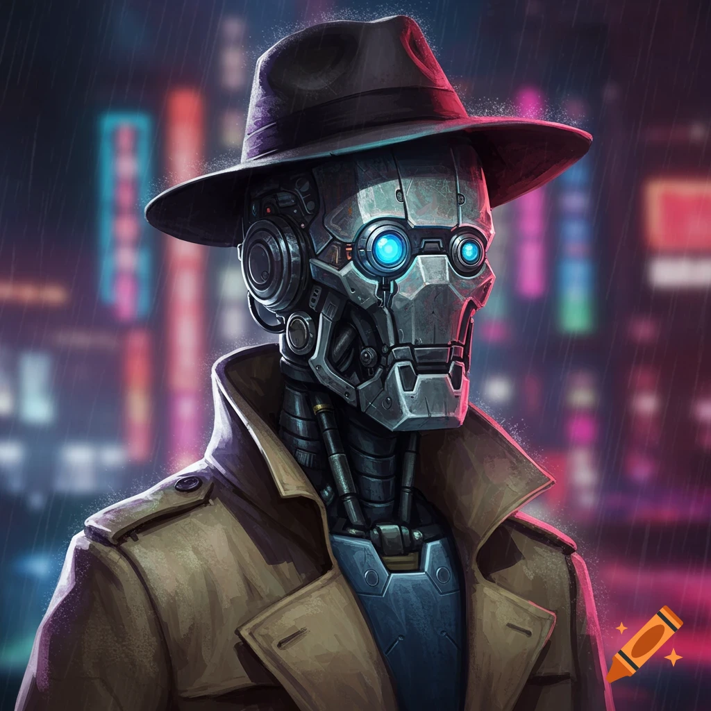 A robot detective in a trench coat and hat stands in the rain in a cyberpunk city.