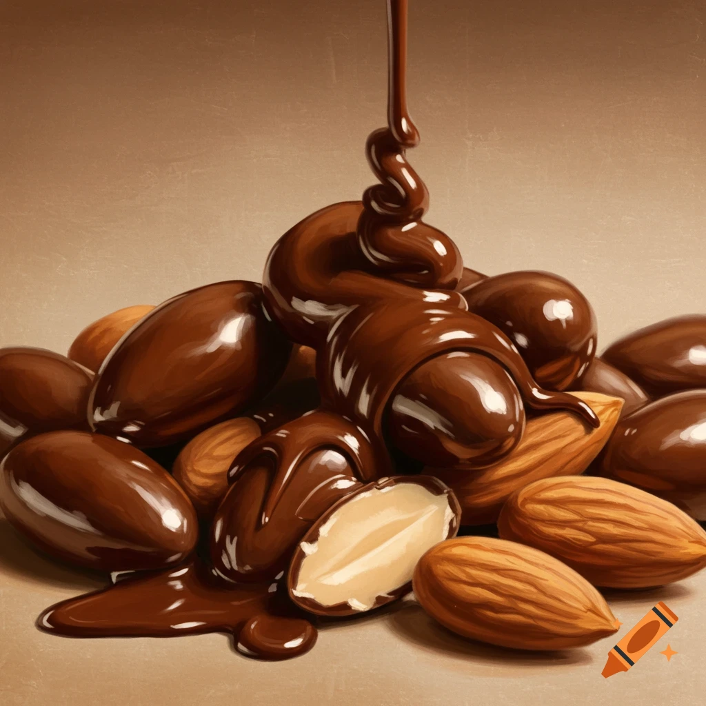 Dark chocolate pouring over a pile of almonds.