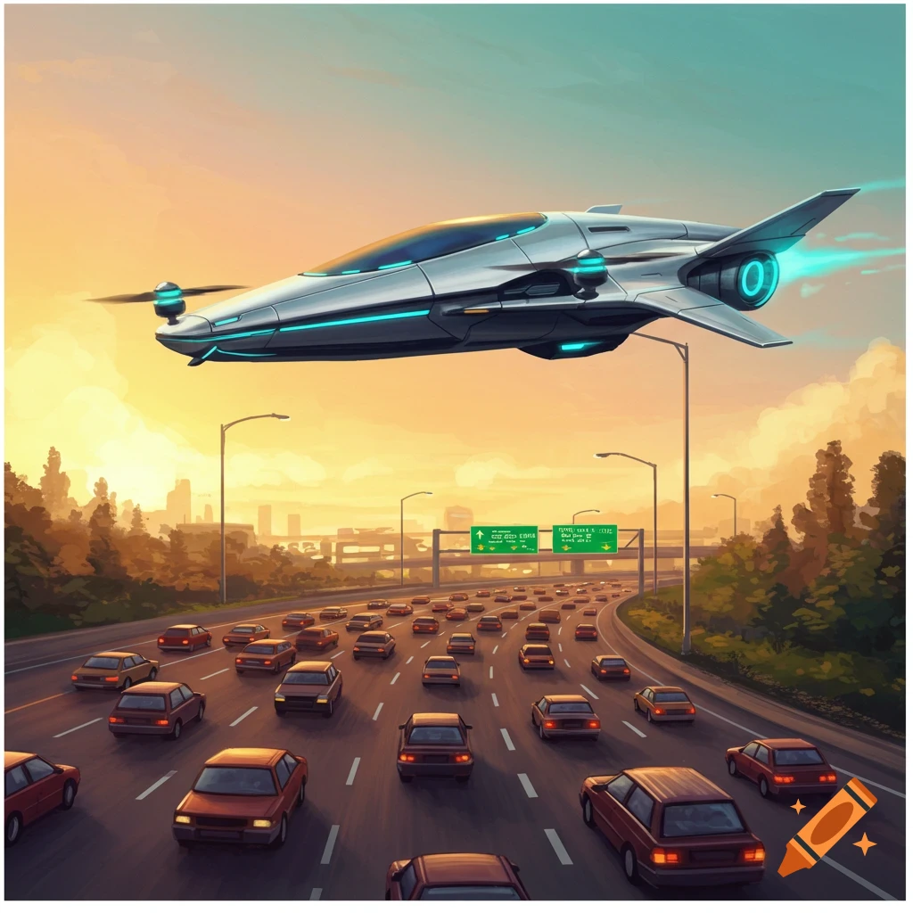 A silver futuristic flying car flies over a busy highway with cars below, set against a sunset city skyline.