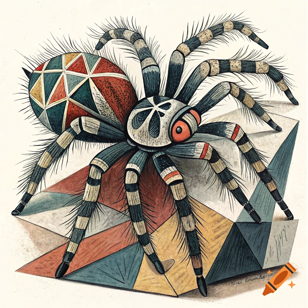 Stylized spider with geometric patterns and striped legs, in an artistic style.