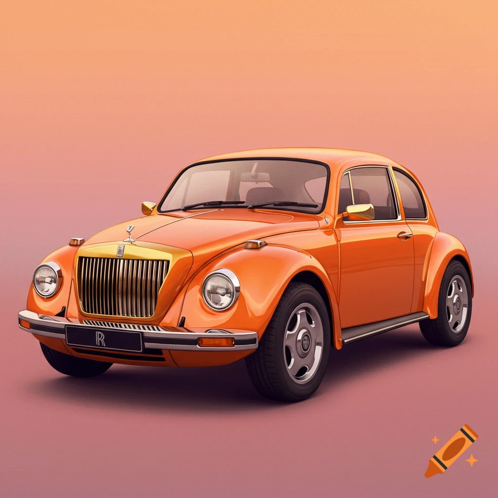 An orange Volkswagen Beetle modified with a Rolls-Royce grille and hood ornament.