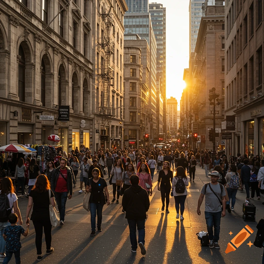 A crowded city street scene at sunset, with many people walking between tall buildings.