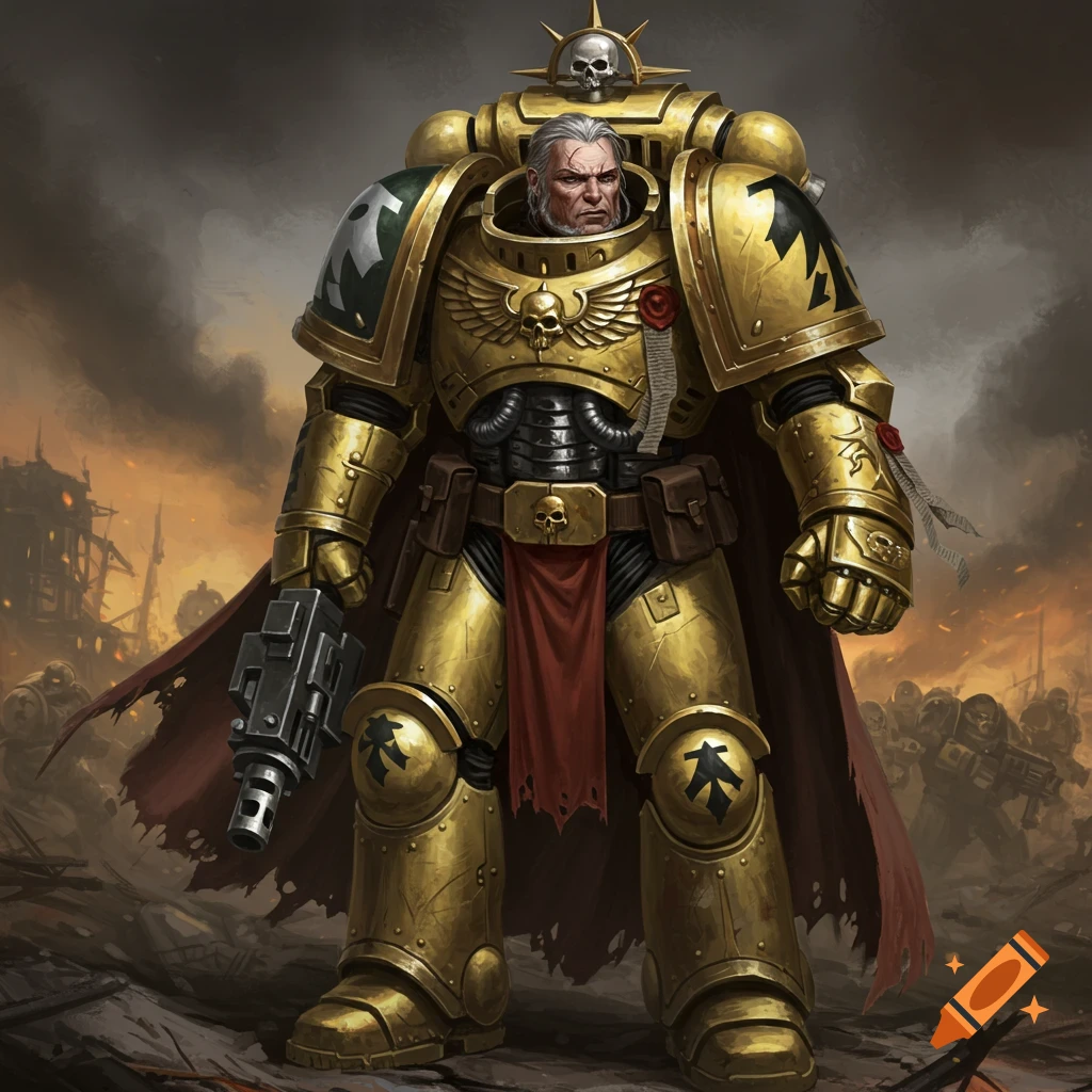 A man in golden power armor stands on a battlefield.