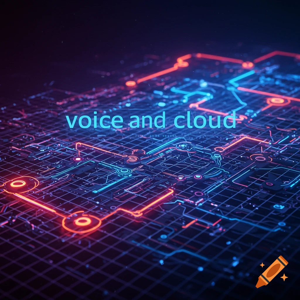 A glowing digital circuit board with red and blue lines and the text 'voice and cloud'.