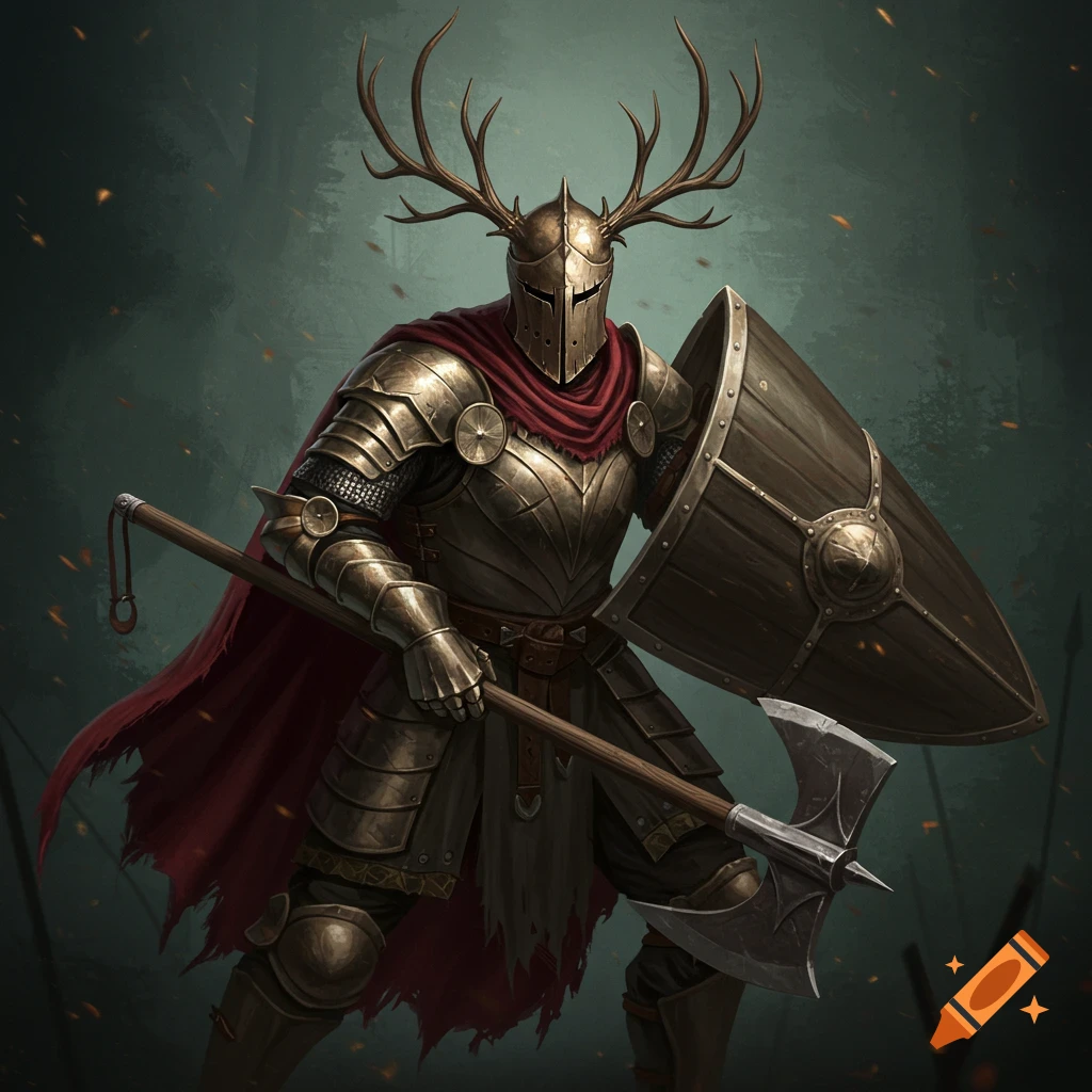 A knight in golden armor with an antler helmet, holding an axe and shield.