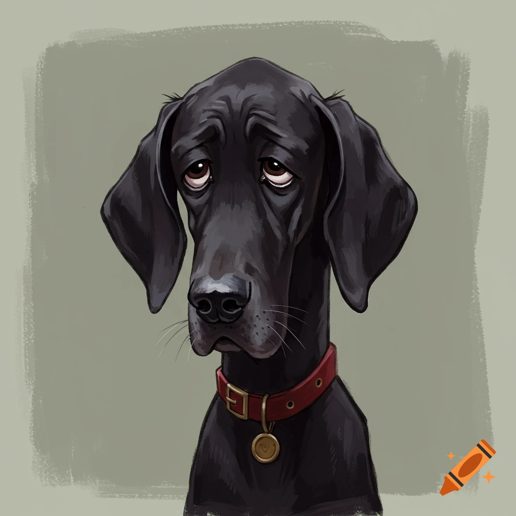 A sad black dog wearing a red collar with a tag.