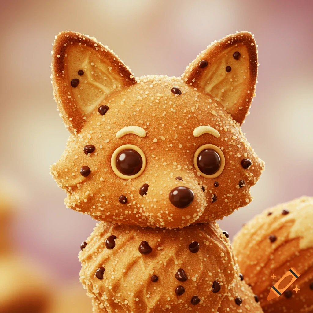 Close-up of a cute fox-shaped cookie with chocolate chip spots and frosting details.