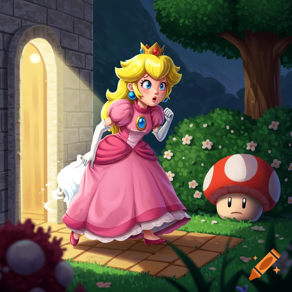 Princess Peach looks surprised, walking towards a glowing archway near a bush and a sad Super Mushroom.