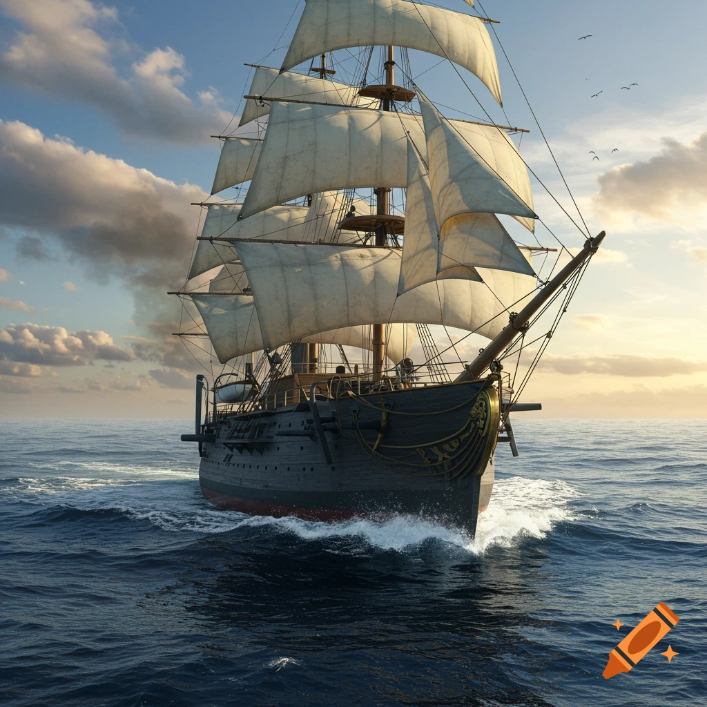 A large sailing ship on the ocean at sunset.