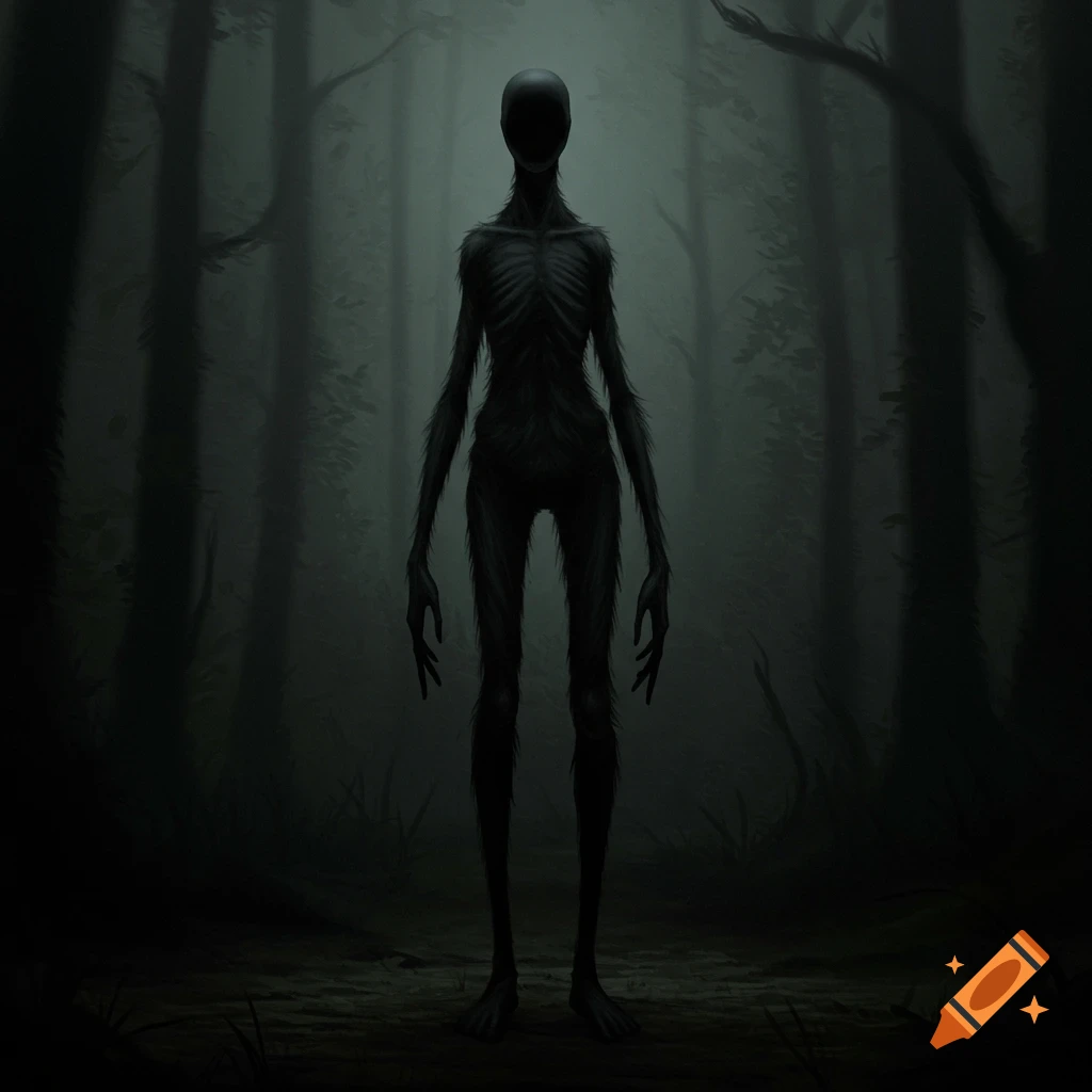 A tall, skinny, furry, faceless creature standing in a dark forest.