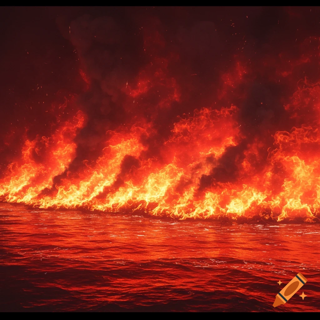 A river of red and orange flames rising from reddish water.