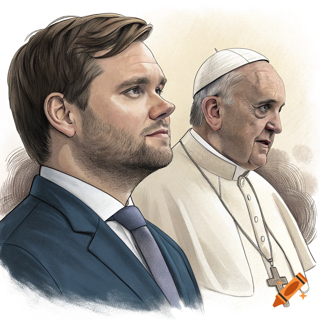 Illustration of a man in a suit next to Pope Francis.