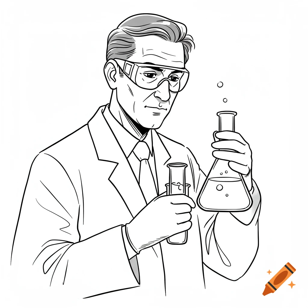 Line drawing of a scientist in a lab coat and goggles holding two flasks.