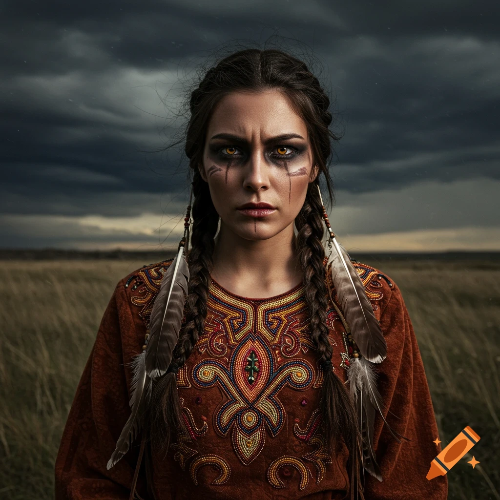 Portrait of a woman with face paint and braided hair with feathers, standing in a field under a cloudy sky.