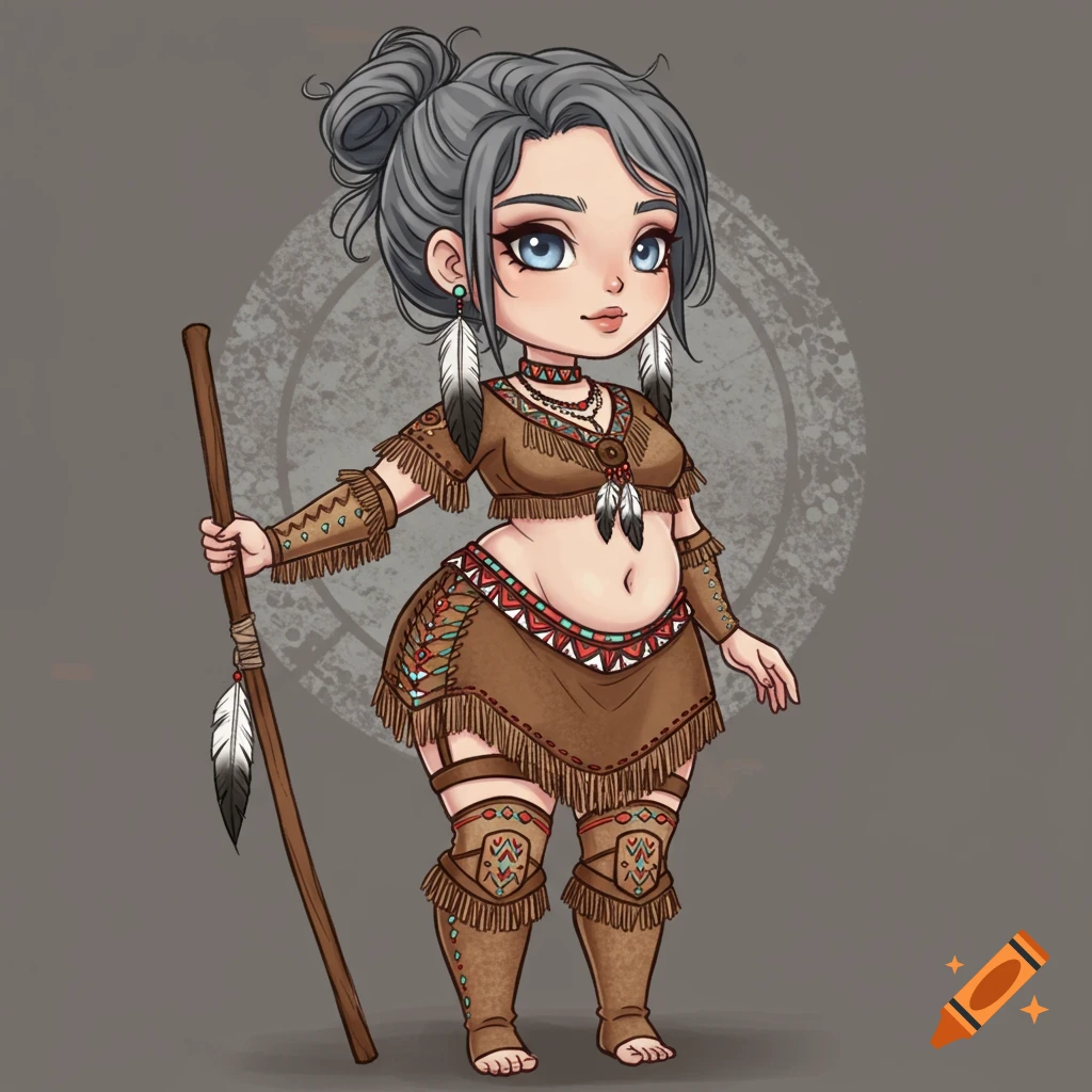 Chibi illustration of a woman in fringed, beaded outfit holding a staff.
