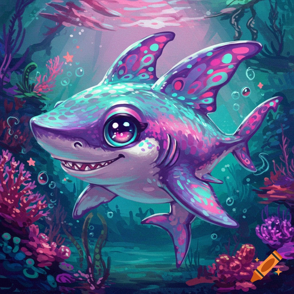 A cute, colorful cartoon shark swims in a vibrant underwater scene with coral and plants.