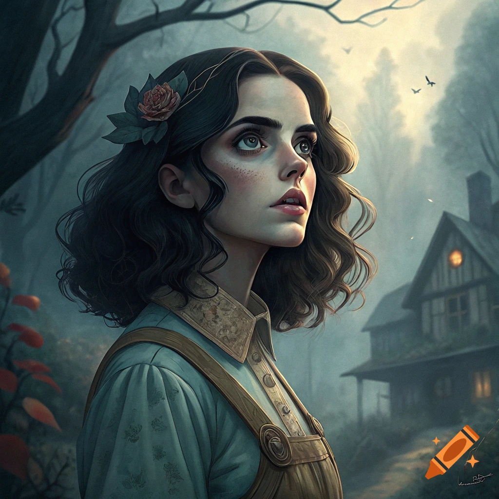 Portrait of a young woman with a rose in her hair looking up in a forest near a house, in a dark fantasy art style.