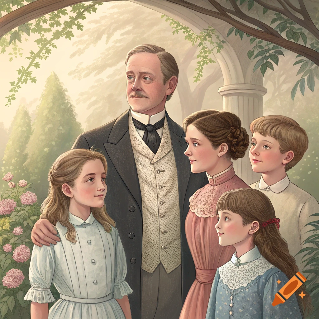 Illustration of a man, woman, and four children in historical clothing standing in a garden.