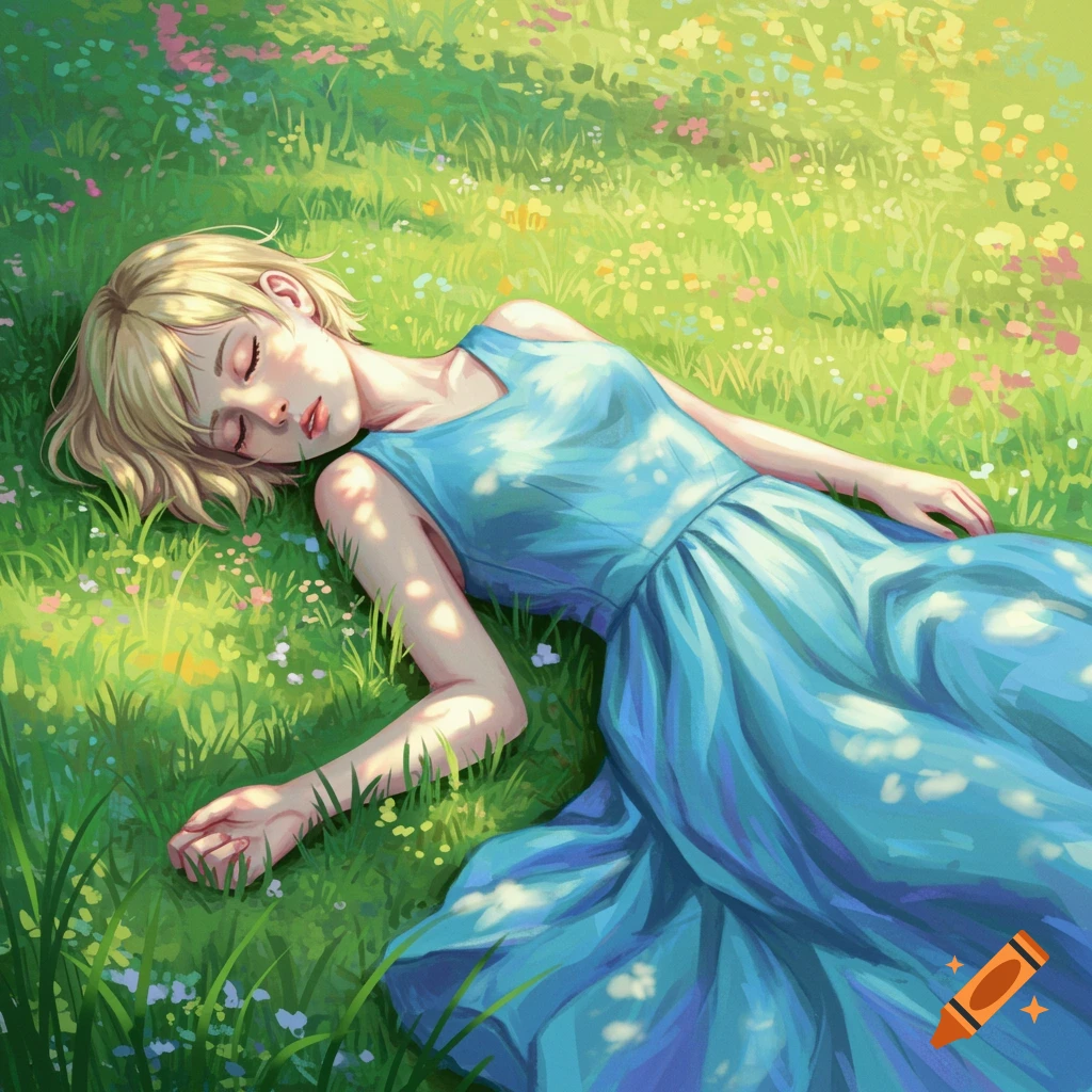 A blonde girl in a blue dress sleeping in a sunlit meadow.