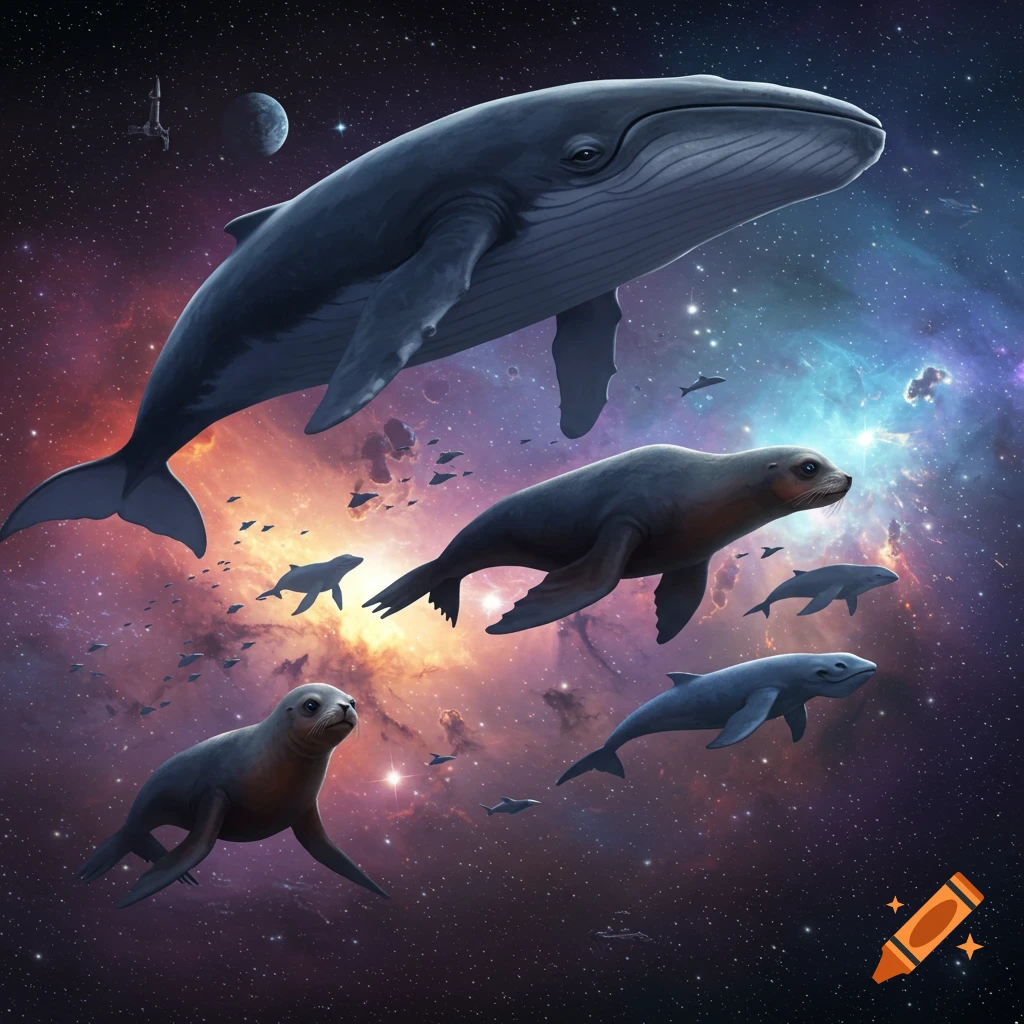 A whale, sea lions, and dolphins fly through a colorful galaxy.