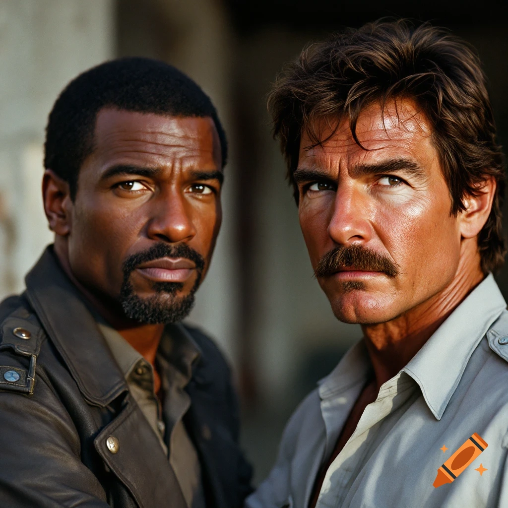 Photorealistic portrait of two men, one with a beard, one with a mustache.