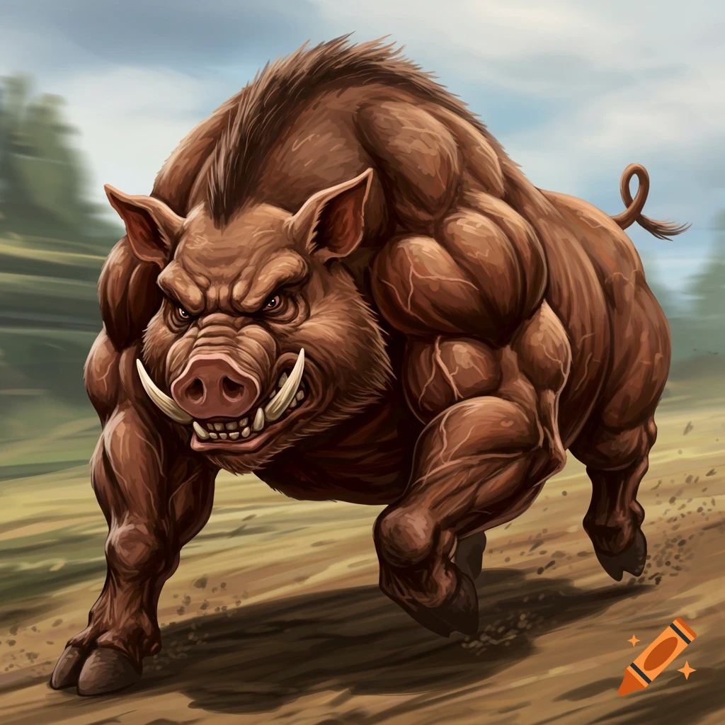 A digitally painted image of a muscular wild boar charging forward.