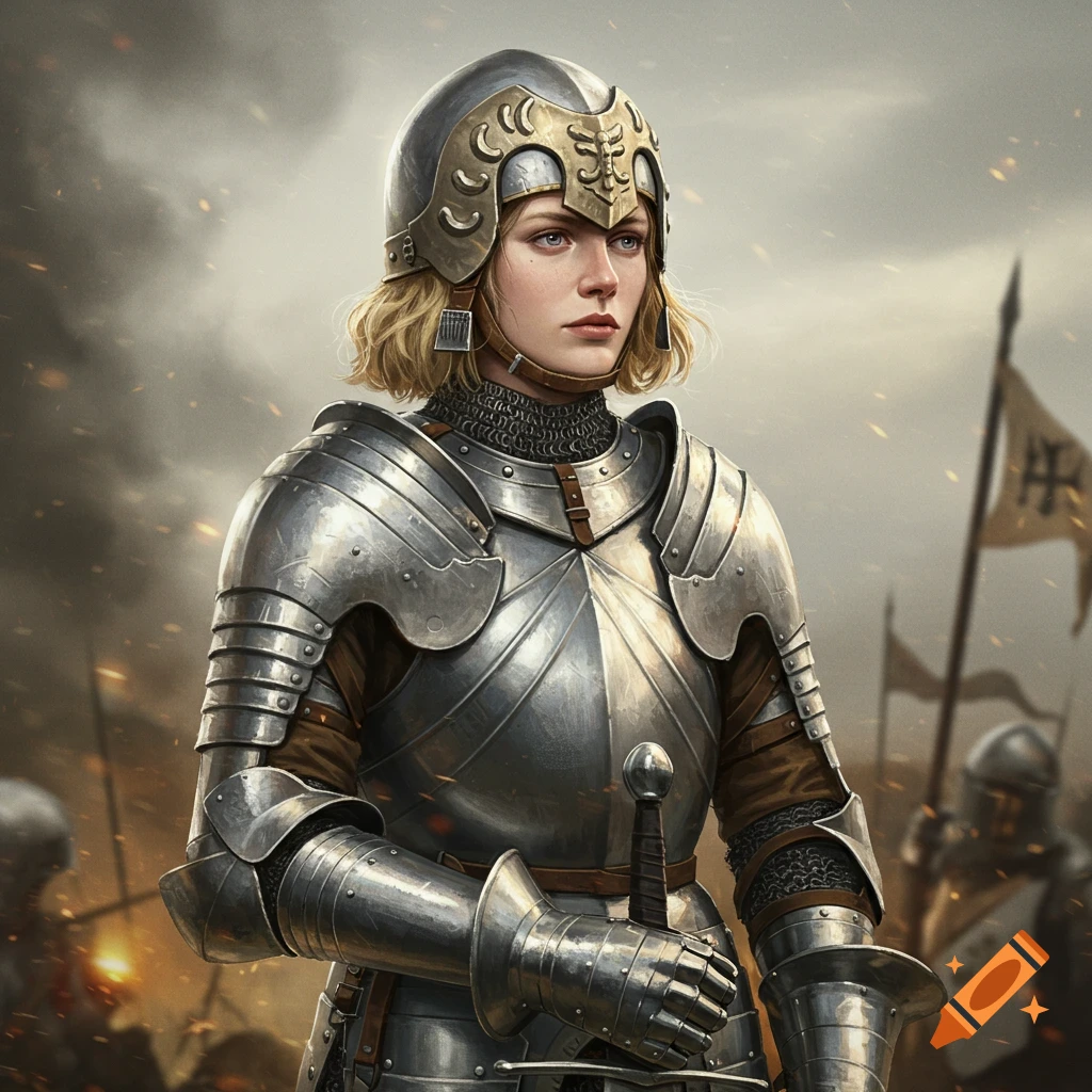 A woman in medieval armor holding a sword in a battle scene
